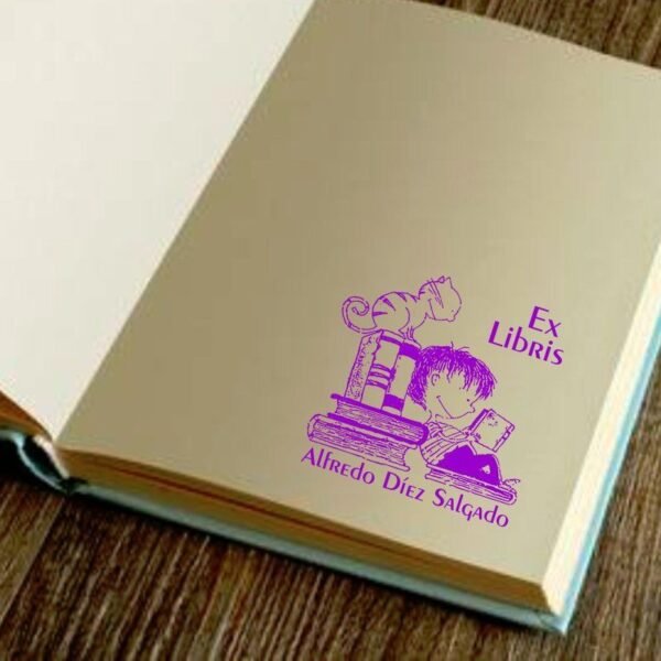 Ex Libris Niño Leyendo con Gato - Imagen 2